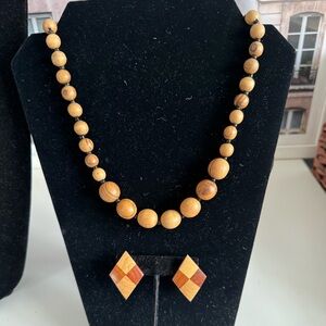 Vintage MCM Wooden Bead Necklace and Wooden Pierced Earring Set